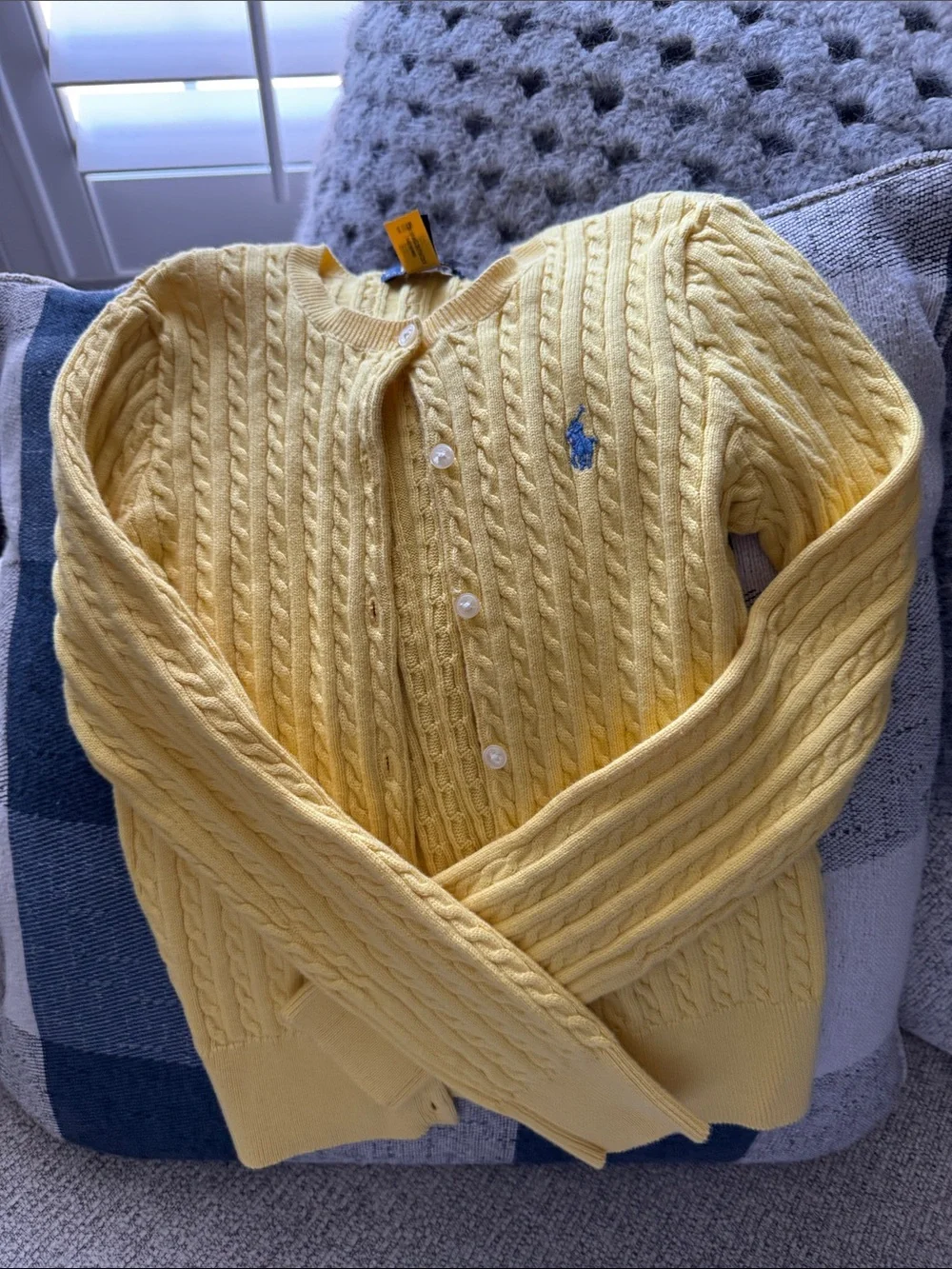 Ralph Lauren Girls Yellow Cable Knit Cotton Cardigan with Pony Logo